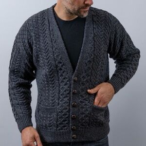 Carraig Donn Wool Cardigan Fishermen Sweater Large Gray Buttons Irish